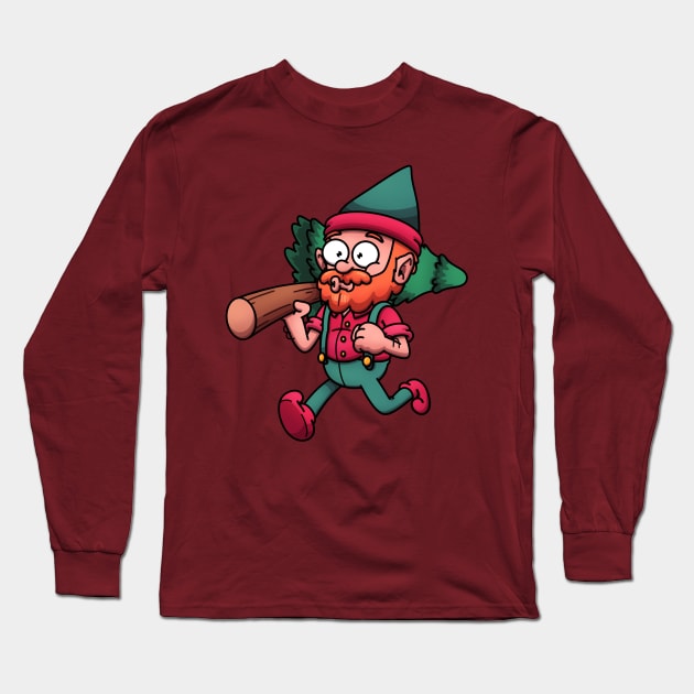 Christmas Elf Woodsman Carrying Christmas Tree Long Sleeve T-Shirt by TheMaskedTooner